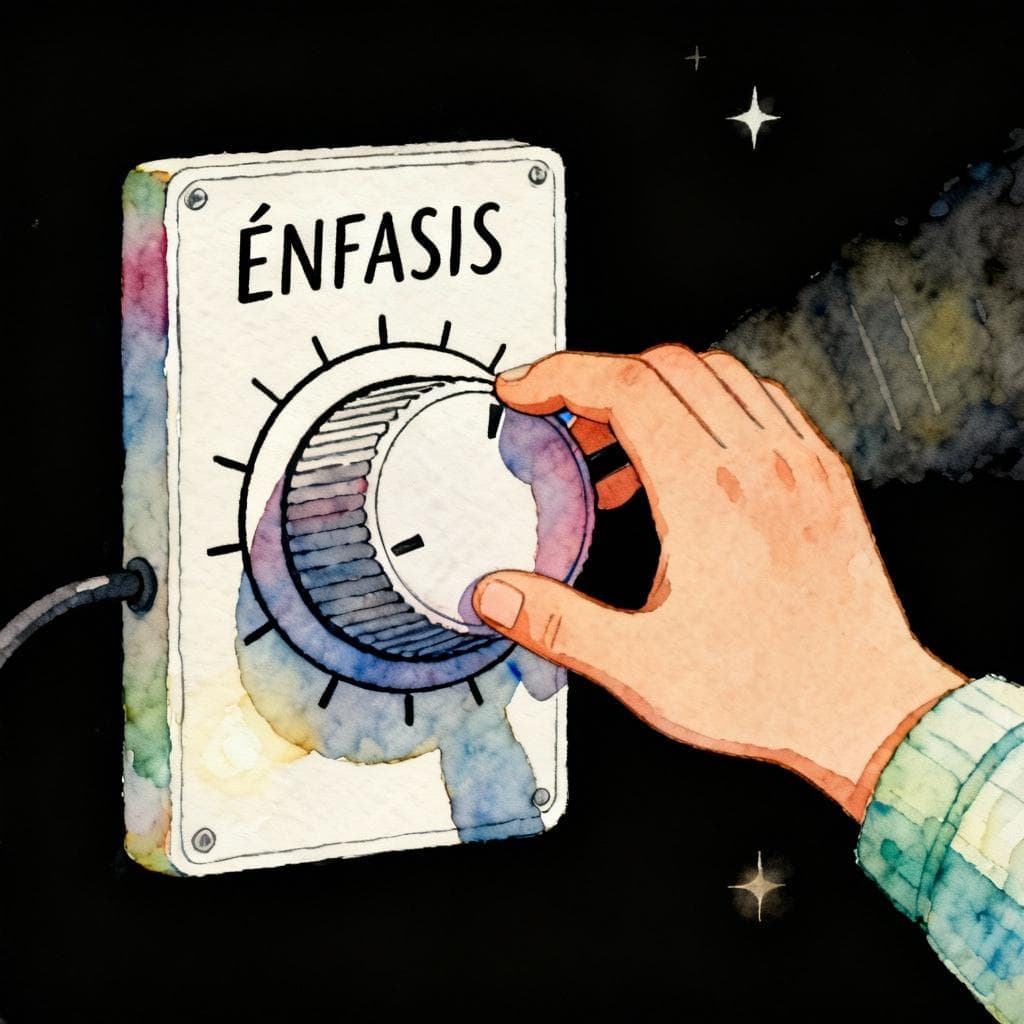 A hand turning a large, stylized volume knob labeled 'EMPHASIS' in Spanish. The knob is attached to a simple, elegant sentence structure. Charming ink and watercolor painting, clean lines, vibrant but soft color palette, storybook style, dark background.