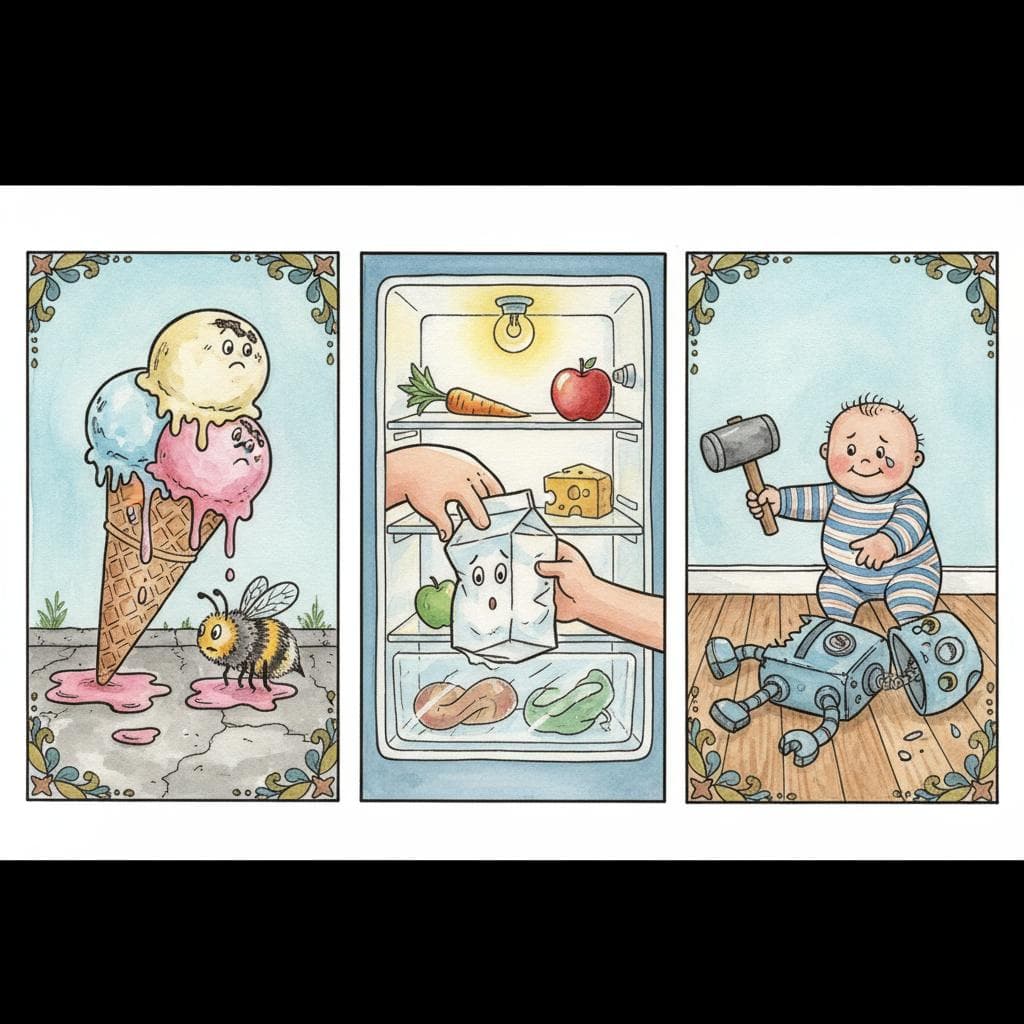 Charming ink and watercolor painting showing a triptych or collage of small, humorous 'oops' moments: a melting ice cream cone dripping onto a sidewalk, a person looking at an empty milk carton in the fridge, and a broken toy on the floor. Each mini-scene is distinct but part of a cohesive image. Clean lines, vibrant but soft color palette, storybook style. black background.