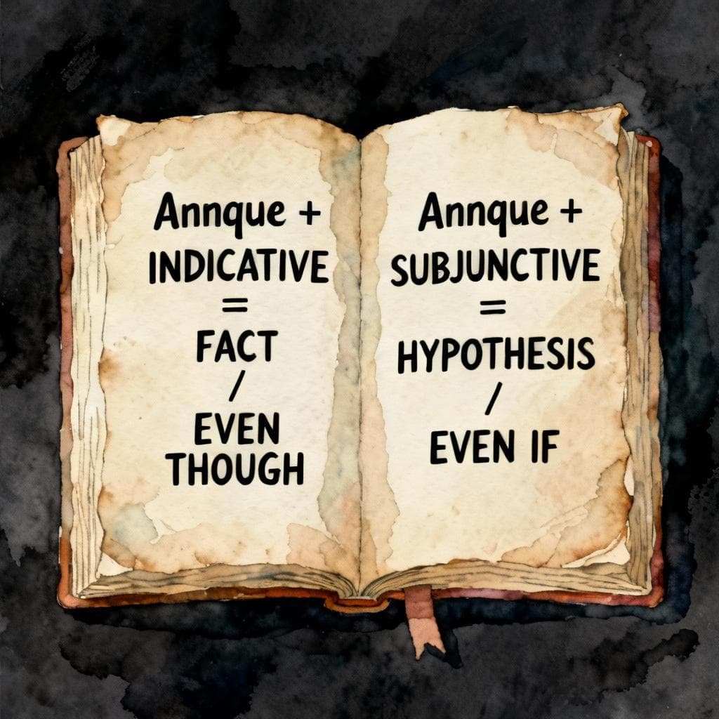 A minimalist image of an open, ancient-looking textbook or scroll. On the left page, the text reads in bold, clear font: "Aunque + INDICATIVE = FACT / EVEN THOUGH." On the right page, the text reads: "Aunque + SUBJUNCTIVE = HYPOTHESIS / EVEN IF." The mood is scholarly yet inviting. Charming ink and watercolor painting, clean lines, vibrant but soft color palette, storybook style, dark background.