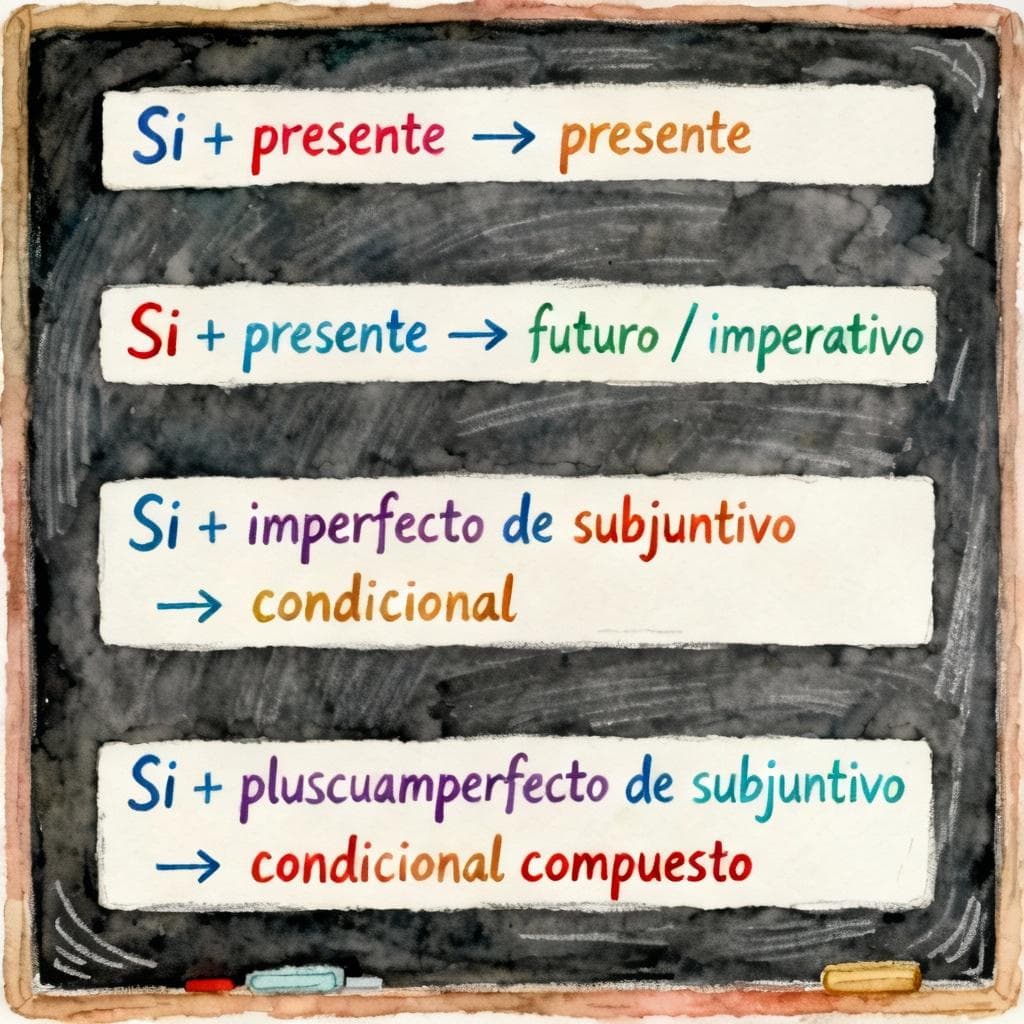 Simple ink-and-watercolor schematic: four neat horizontal rows on a dark chalkboard-like background, each row shows a Spanish si clause pattern with an arrow between the clauses: 'Si + presente → presente', 'Si + presente → futuro / imperativo', 'Si + imperfecto de subjuntivo → condicional', 'Si + pluscuamperfecto de subjuntivo → condicional compuesto'. Minimal hand-lettering, clean lines, soft vibrant colors, storybook style, no people, uncluttered.