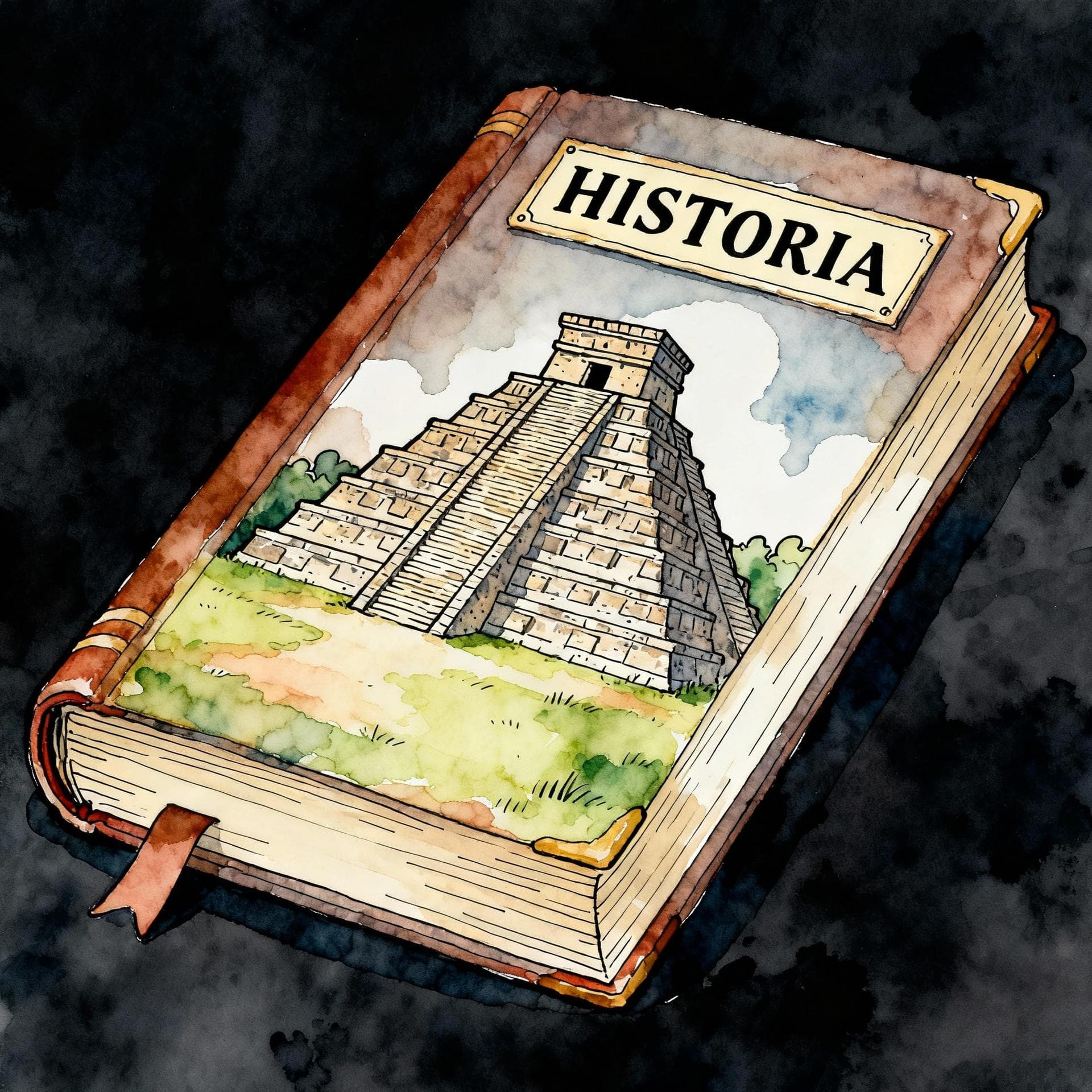 Charming ink and watercolor painting, clean lines, vibrant but soft color palette, storybook style, dark background. A large, open, heavy history book labeled 'HISTORIA' on the cover, showing a detailed illustration of an ancient Mayan pyramid.