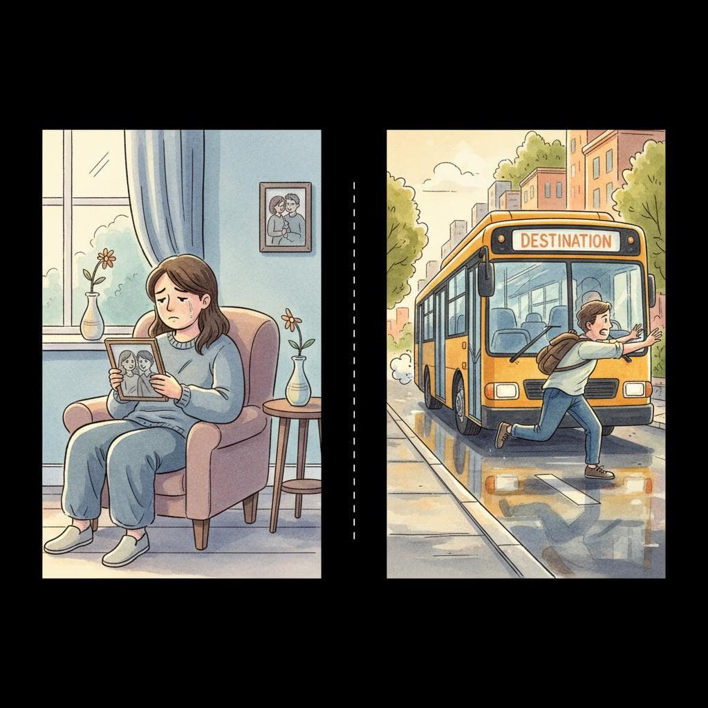 Split-screen illustration. On the left, a person looks sadly at a photo frame. On the right, a person is running after a bus that is pulling away. Charming ink and watercolor painting, clean lines, vibrant but soft color palette, storybook style. black background.