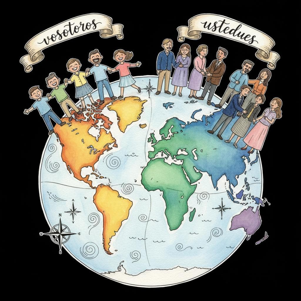 A stylized world map focusing on Spain and Latin America, subtly divided. Over Spain, a cheerful group of friends is depicted, with 'vosotros' written above them. Over Latin America, a diverse group of people (some friends, some formal interactions) is shown, with 'ustedes' written above them, emphasizing its universal use. Clear, contrasting visuals for each region. black background.