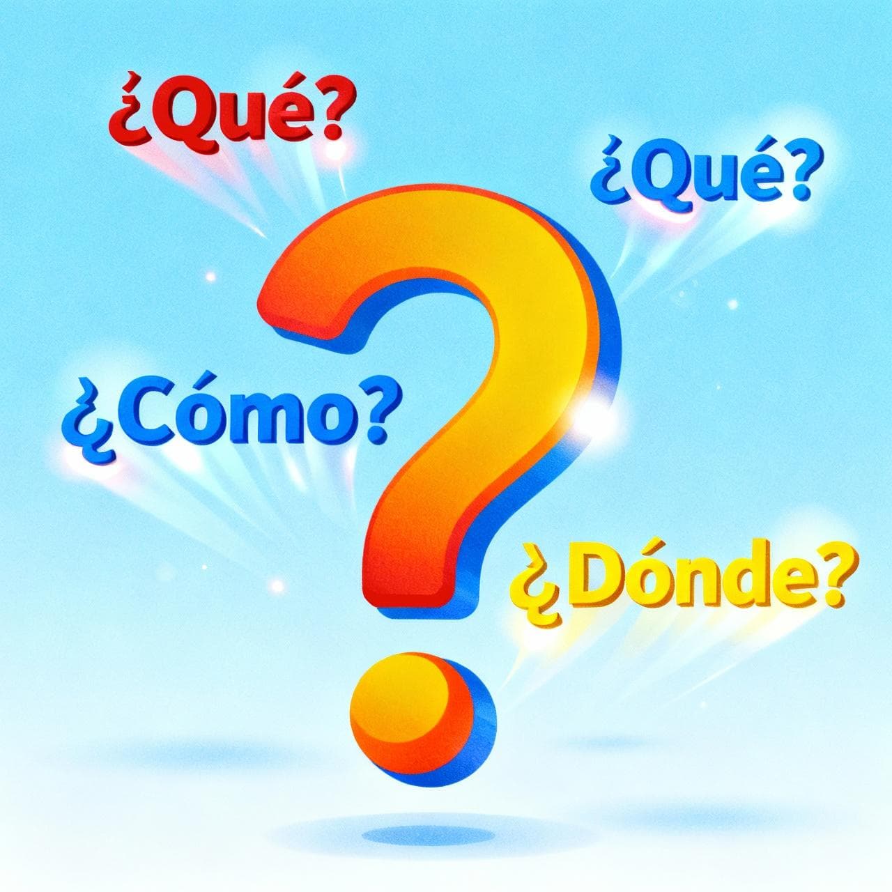 A collection of colorful, floating Spanish interrogative words like ¿Qué?, ¿Cómo?, ¿Dónde? surrounding a large, stylized question mark.