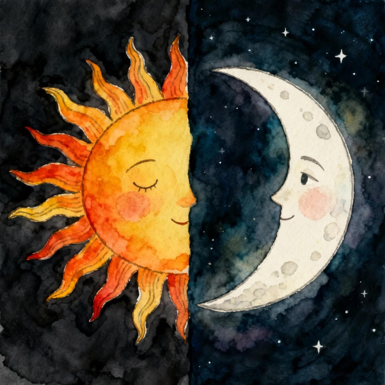 A stylized sun and moon transition. On the left, a vibrant sun representing daytime. On the right, a serene crescent moon representing nighttime. Simple, elegant separation between day and night greetings. Charming ink and watercolor painting, clean lines, vibrant but soft color palette, storybook style, dark background.