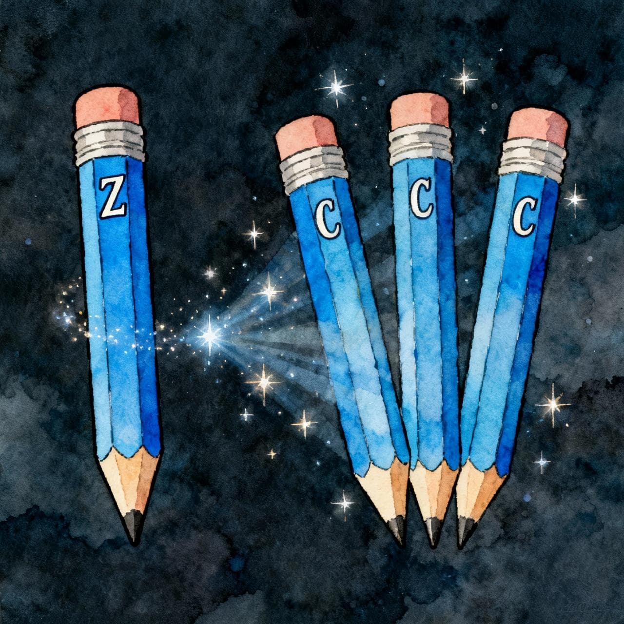 A single, stylized blue pencil with a 'Z' on it, magically transforming into three blue pencils with a 'C' on them. Subtle magical sparkles around the transformation. Charming ink and watercolor painting, clean lines, vibrant but soft color palette, storybook style, dark background.