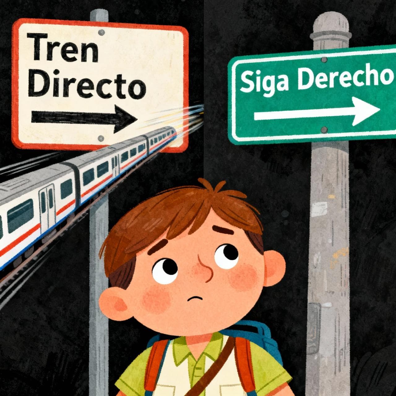 A split-screen illustration showing the confusion between 'derecho' and 'directo'. On the left, a sign with 'Tren Directo' pointing to a fast-moving train. On the right, a street sign with 'Siga Derecho' and a straight arrow. A friendly tourist in the middle looks puzzled. Storybook style, vibrant soft colors, black background.