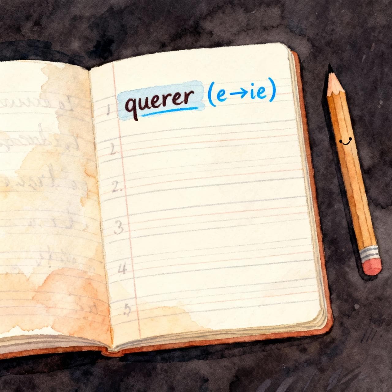 An open student's notebook with a vocabulary list. One entry is highlighted: the Spanish verb "querer" is written, and next to it, in a different color, is "(e→ie)". A simple, friendly pencil rests beside the notebook. Ink and watercolor, storybook style, dark background.