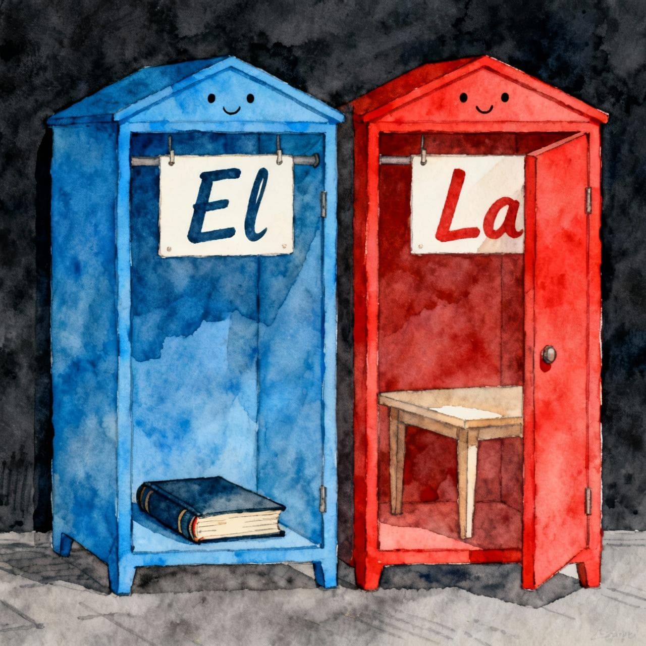 Two friendly, colorful closets side-by-side. The left closet is blue with a large 'El' label, and the right closet is red with a large 'La' label. A book is neatly placed in the 'El' closet and a table is in the 'La' closet. Charming ink and watercolor painting, clean lines, vibrant but soft color palette, storybook style. dark background.