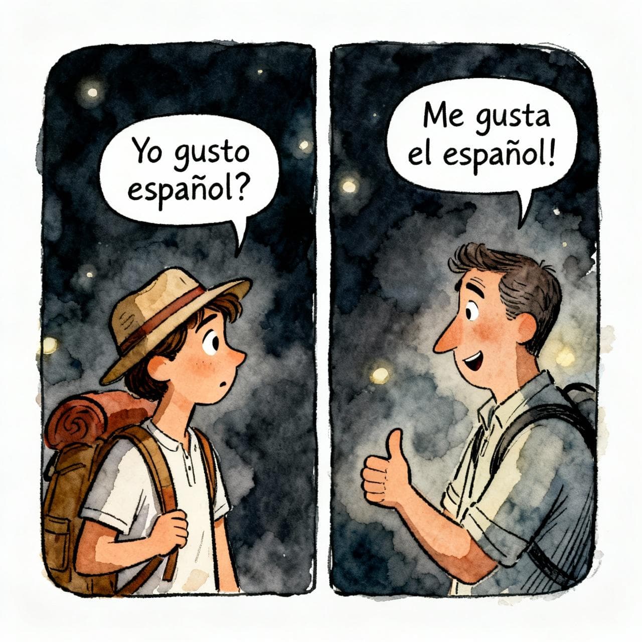 prompt for AI image generator: A charming split-panel illustration. Left side shows a confused tourist with a speech bubble saying "Yo gusto español?", looking at a puzzled native speaker. Right side shows the same tourist, now happy, with a speech bubble "Me gusta el español!" and the native speaker giving a thumbs up. Ink and watercolor storybook style on a dark background.