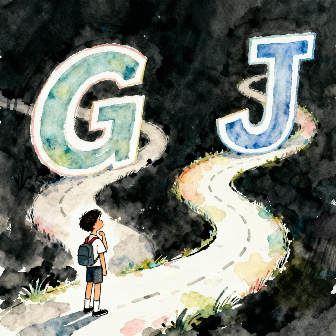 A student looking thoughtfully at two separate, winding paths; one path is labeled with a large letter 'G' and the other with a large 'J'. The paths look confusing but intriguing. Charming ink and watercolor painting, clean lines, vibrant but soft color palette, storybook style. dark background.