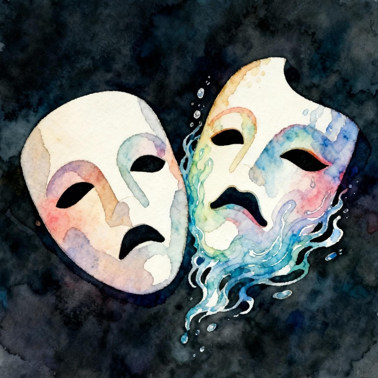 Two drama masks side-by-side, one solid and permanent-looking, the other appearing to change its expression like water. Ink and watercolor storybook style, vibrant soft colors, dark background.