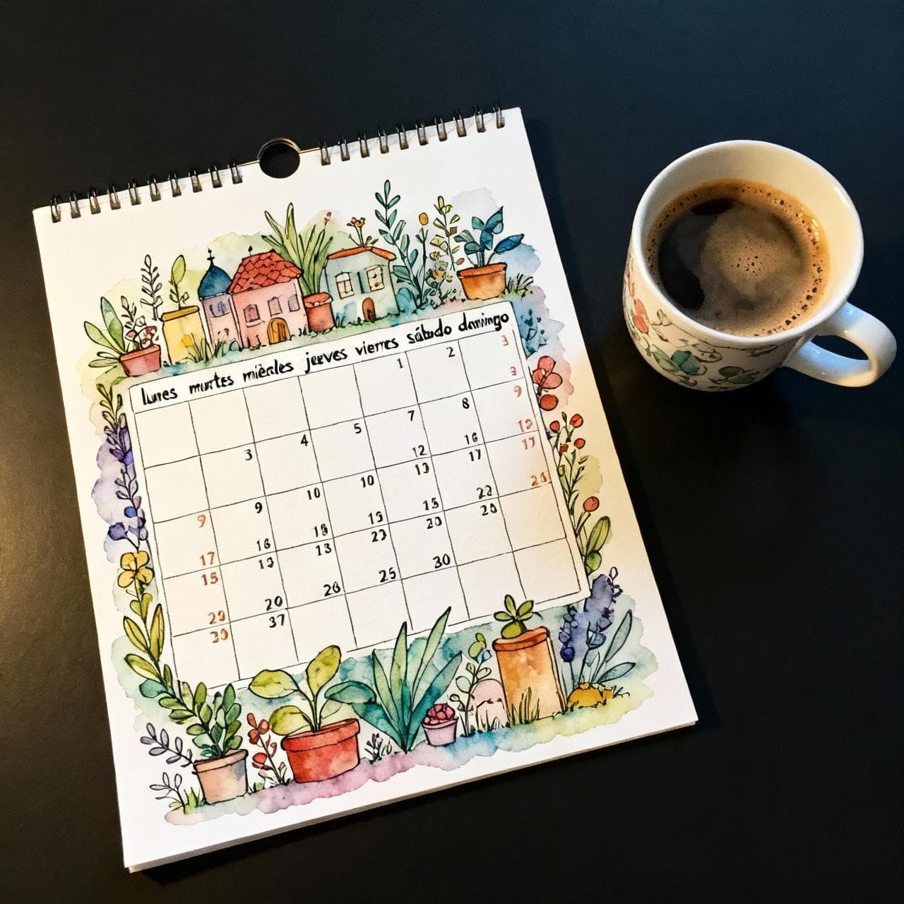 A beautifully illustrated page from a wall calendar with the Spanish days of the week ('lunes', 'martes', etc.) clearly visible. A cup of coffee sits beside it. Charming ink and watercolor painting, clean lines, vibrant but soft color palette, storybook style, dark background.