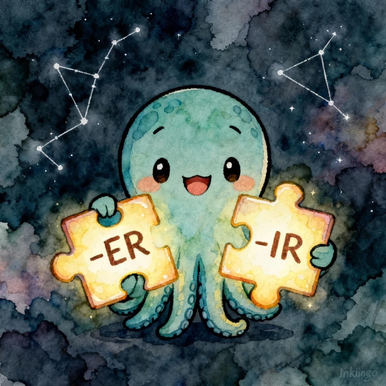 An adorable, friendly Inklingo mascot, which is a small, cute squid, happily holding two glowing puzzle pieces. One piece says "-ER" and the other says "-IR". The background is dark and abstract, with soft watercolor constellations. Charming ink and watercolor painting, clean lines, vibrant but soft color palette, storybook style.