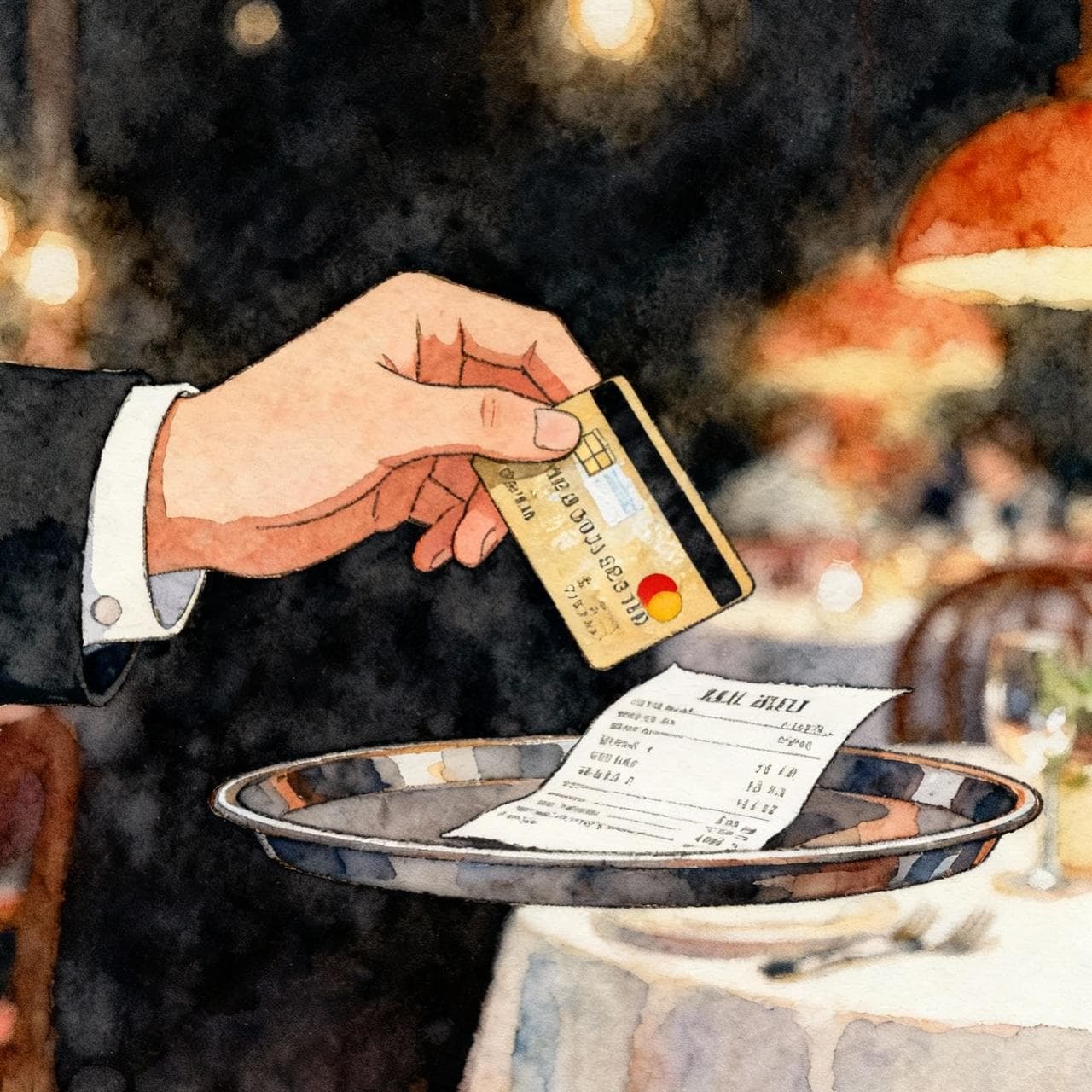 A close-up of a person's hand politely holding a credit card and the bill, which is on a small tray. The background is the soft-focus, warm ambiance of the restaurant. Ink and watercolor storybook style, clean lines, vibrant but soft colors, dark background.