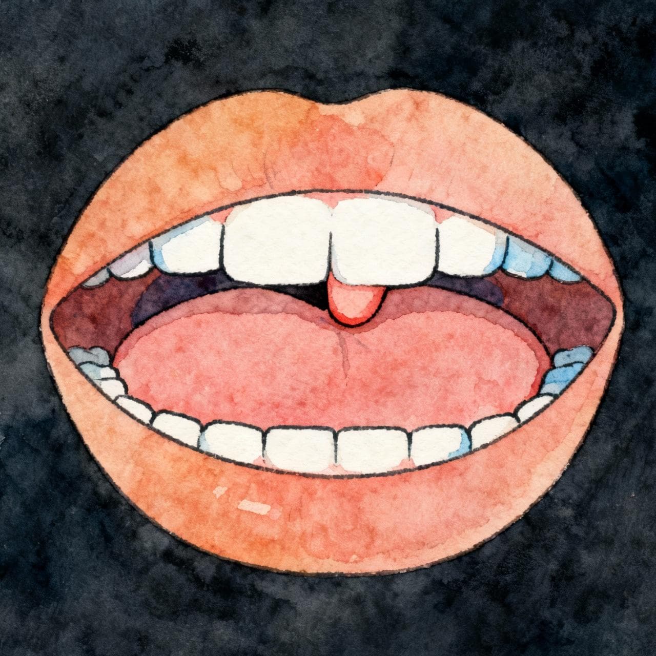 A simple, clear anatomical illustration of a human mouth, showing the tongue tip gently touching the alveolar ridge behind the upper teeth. Focus on the point of contact. Charming ink and watercolor painting, clean lines, soft color palette, storybook style, dark background.