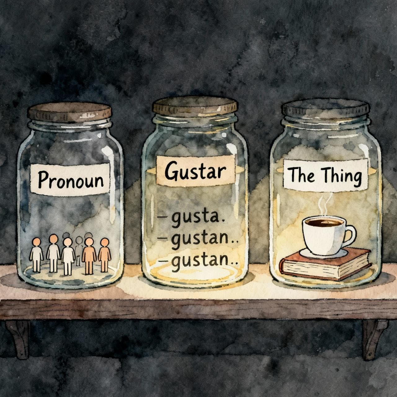 prompt for AI image generator: Three charming glass jars on a shelf against a dark background. The first jar is labeled "Pronoun" and contains icons of people. The second is labeled "Gustar" and contains the words 'gusta' and 'gustan'. The third is labeled "The Thing" and contains a coffee cup and a book. Ink and watercolor storybook style.