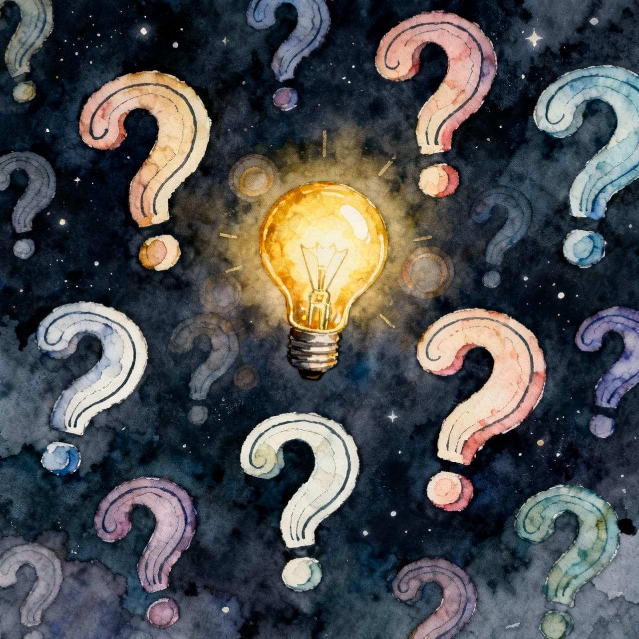 A whimsical ink and watercolor painting of floating, stylized Spanish question marks (¿?) and a single, glowing lightbulb. The background is a soft, dark night sky. Charming storybook style with clean lines and a vibrant but soft color palette.