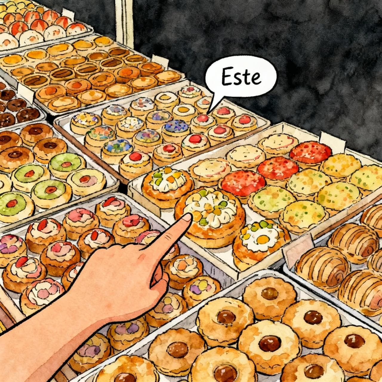 A first-person view at a vibrant Spanish market stall filled with colorful pastries. A hand is pointing towards one specific pastry, with a simple speech bubble showing 'Este'. Charming ink and watercolor painting, clean lines, soft color palette, storybook style, dark background.
