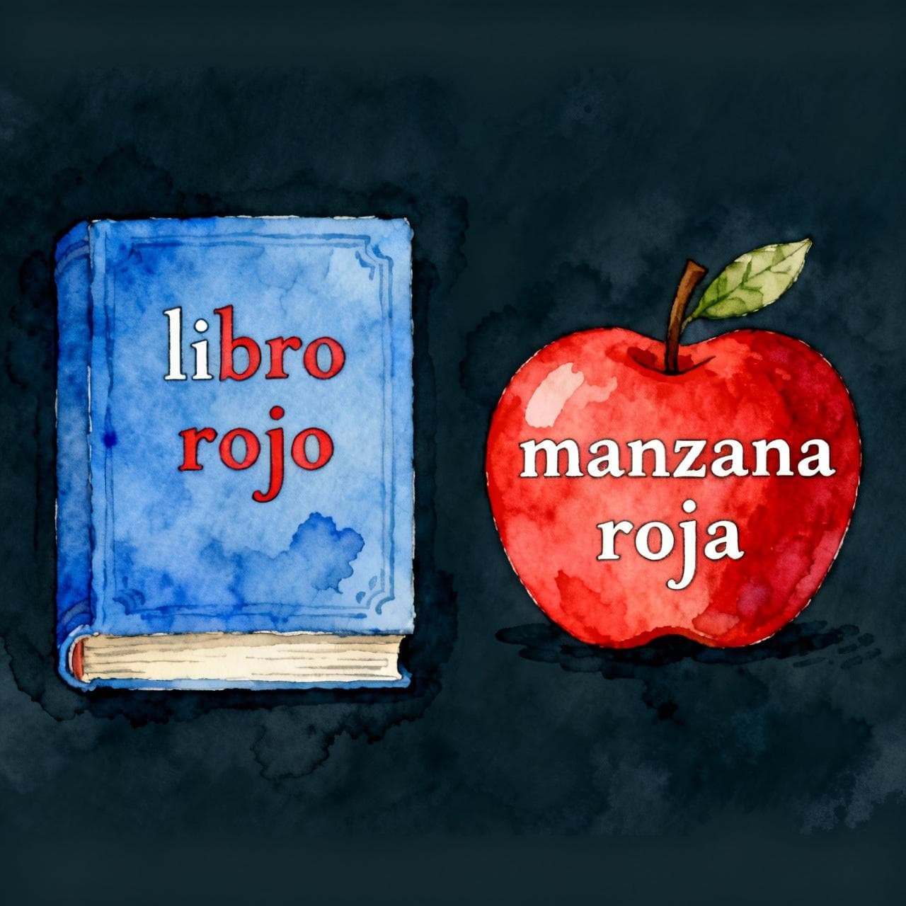 Side-by-side comparison. On the left, a blue book with the label "libro rojo". On the right, a red apple with the label "manzana roja". The 'o' and 'a' endings are highlighted. Charming ink and watercolor painting, clean lines, vibrant but soft color palette, storybook style, dark background.