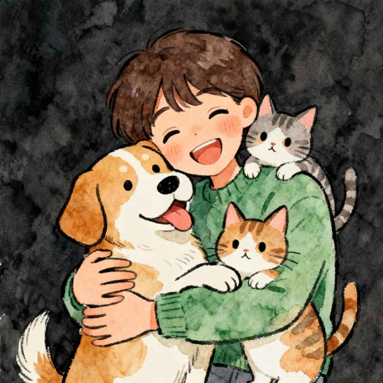 A cheerful person happily hugging a friendly dog and two cute cats. The scene is simple and focuses on the characters. Charming ink and watercolor painting, clean lines, vibrant but soft color palette, storybook style. Dark background.