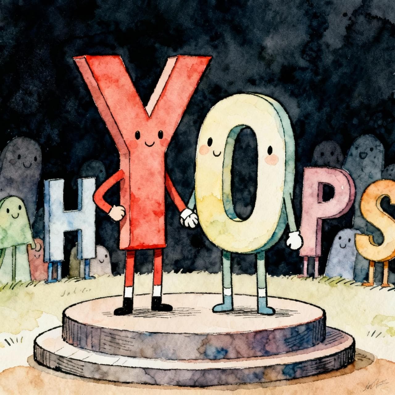 A collection of friendly, anthropomorphic letters. The letter 'Y' and the word 'GO' are standing together on a small stage, presented as a team. In the background, other letters like 'H', 'P', 'S' are peeking out. Charming ink and watercolor painting, clean lines, vibrant but soft color palette, storybook style, dark background.
