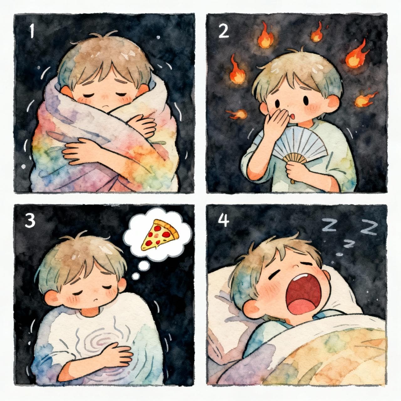 Four-panel comic strip style image showing the same character in each panel. Top-left panel: the character is shivering and hugging themselves for warmth. Top-right panel: the character is fanning their face, looking hot. Bottom-left panel: the character's stomach is rumbling with a picture of a pizza slice in a thought bubble. Bottom-right panel: the character is yawning widely, looking sleepy. Charming ink and watercolor painting, clean lines, storybook style. Dark background.