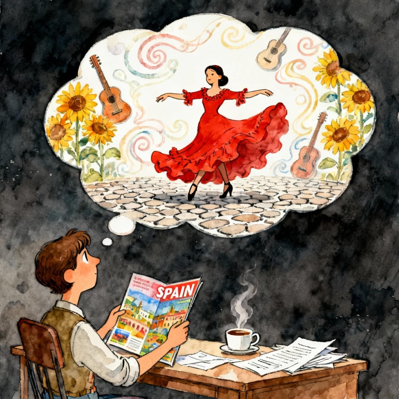 A character is sitting at a desk looking at a colorful travel brochure for Spain. Above their head is a large, dreamy thought bubble showing them learning how to flamenco dance. Ink and watercolor storybook style, vibrant soft colors, dark background.