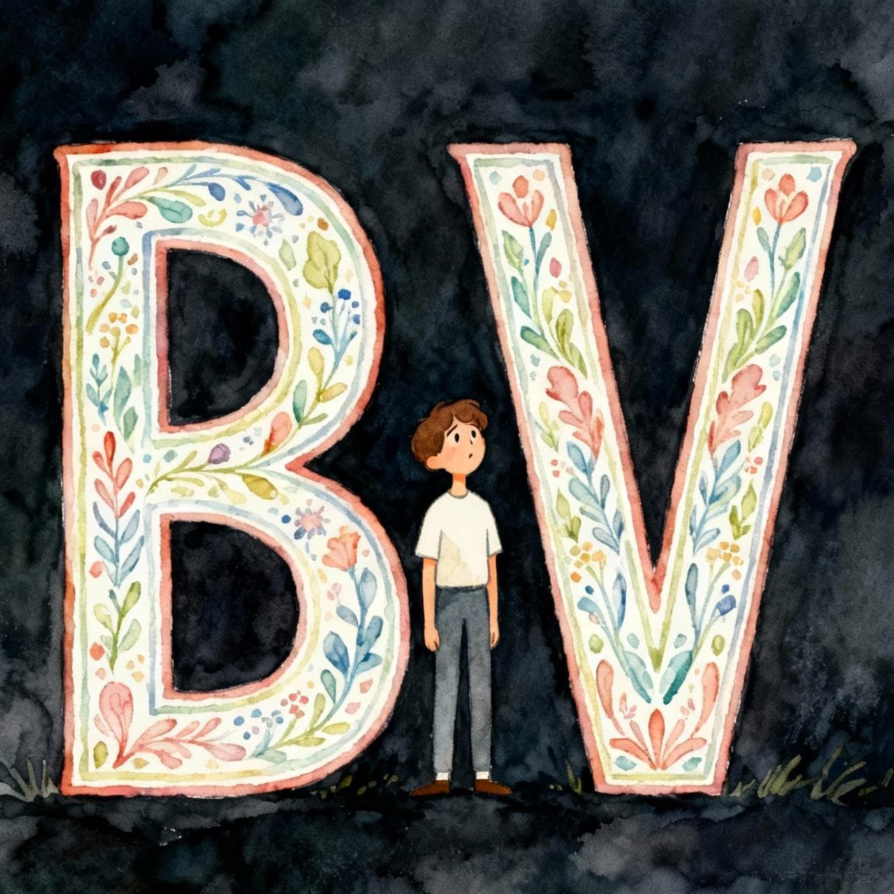 A stylized, confused-looking person standing between a giant, beautifully illustrated letter 'B' and a giant letter 'V'. The letters look almost identical. Charming ink and watercolor painting, clean lines, vibrant but soft color palette, storybook style, dark background.