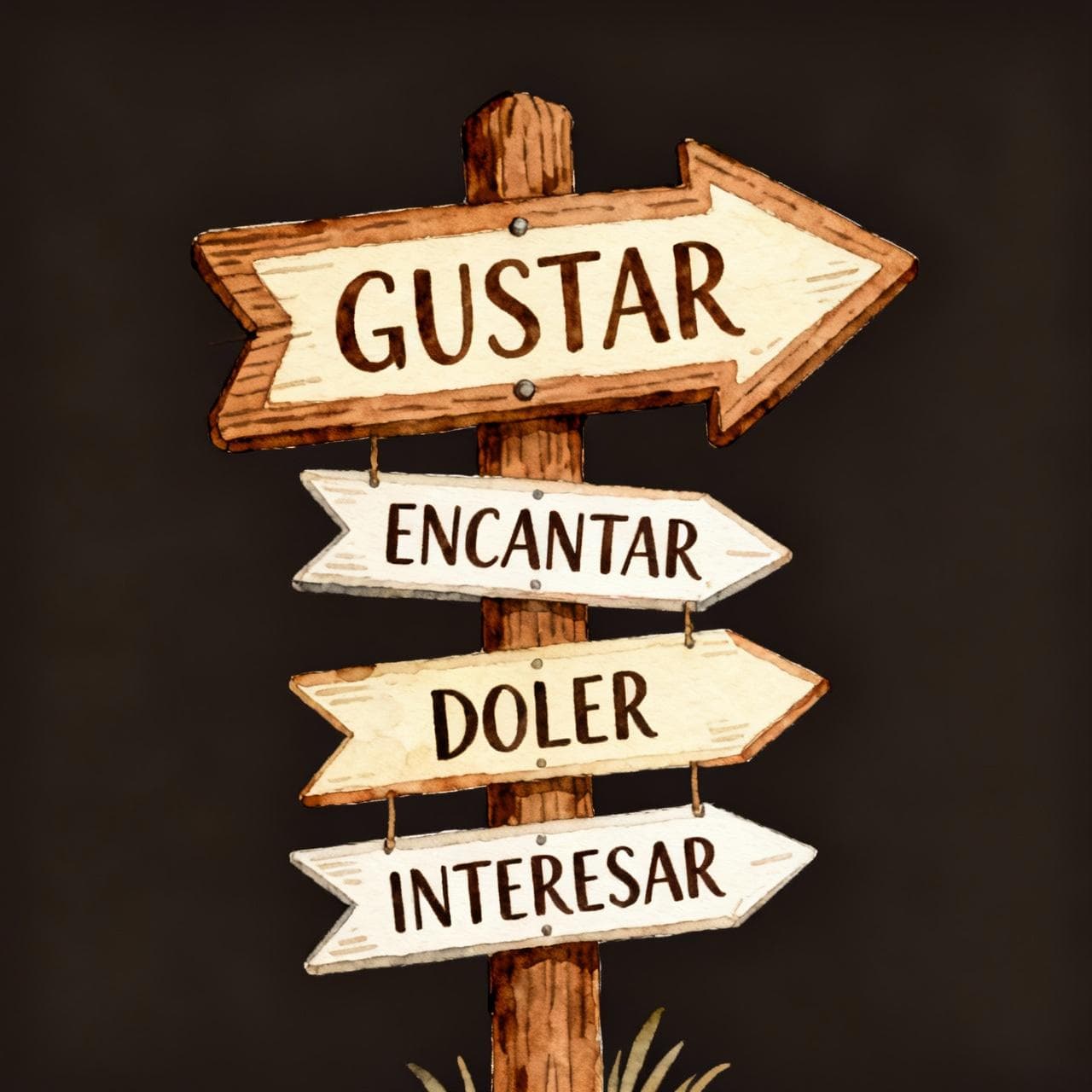 prompt for AI image generator: A charming wooden signpost in a storybook style. The main arrow points right and is labeled "GUSTAR". Smaller arrows attached below it also point right, labeled "ENCANTAR", "DOLER", and "INTERESAR". Ink and watercolor on a dark background.