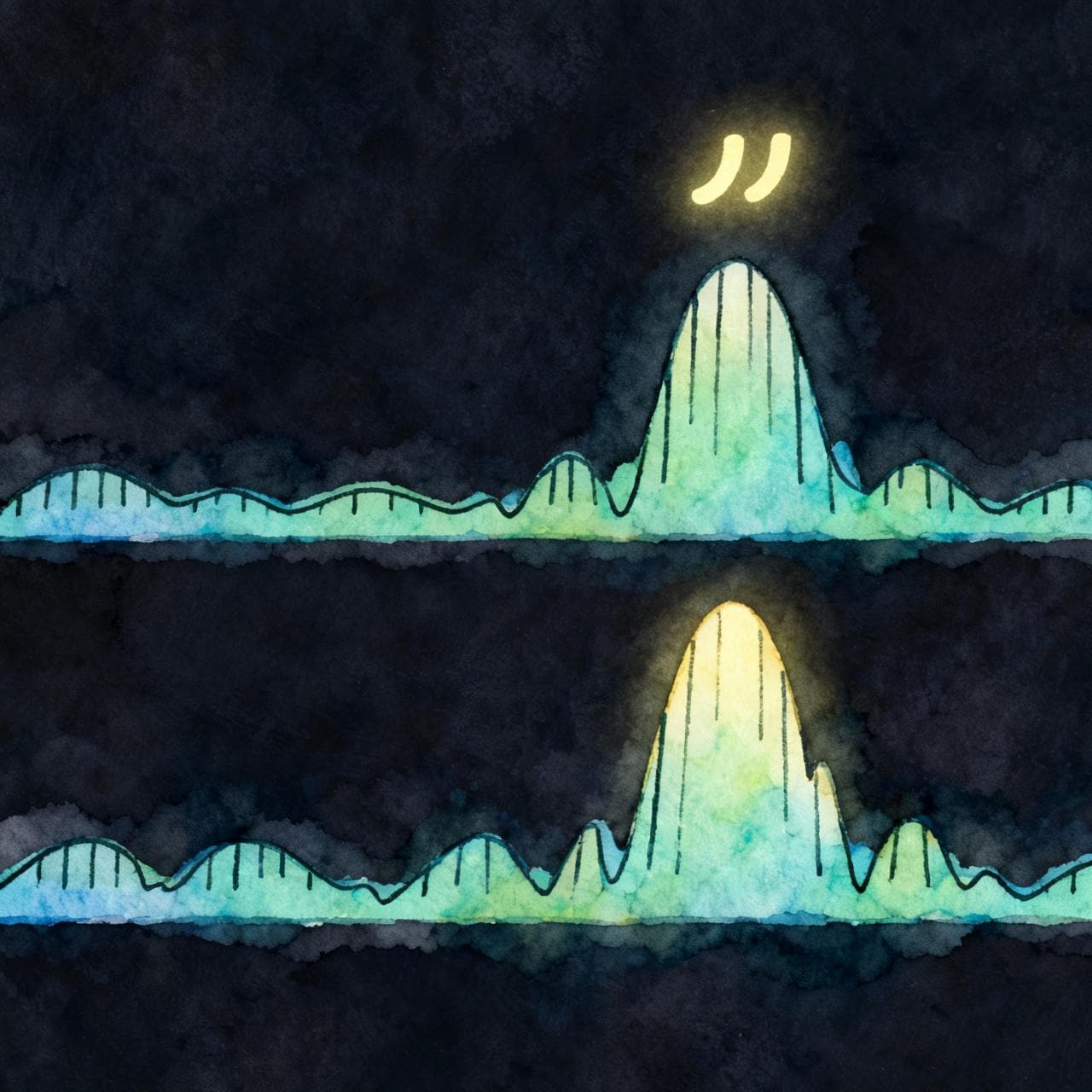 A minimalist depiction of two sound waves. The first sound wave is gentle and even. The second sound wave is identical except for the final peak, which is much larger and has a Spanish tilde accent mark ´ glowing above it. Charming ink and watercolor painting, clean lines, vibrant but soft color palette, storybook style, dark background.