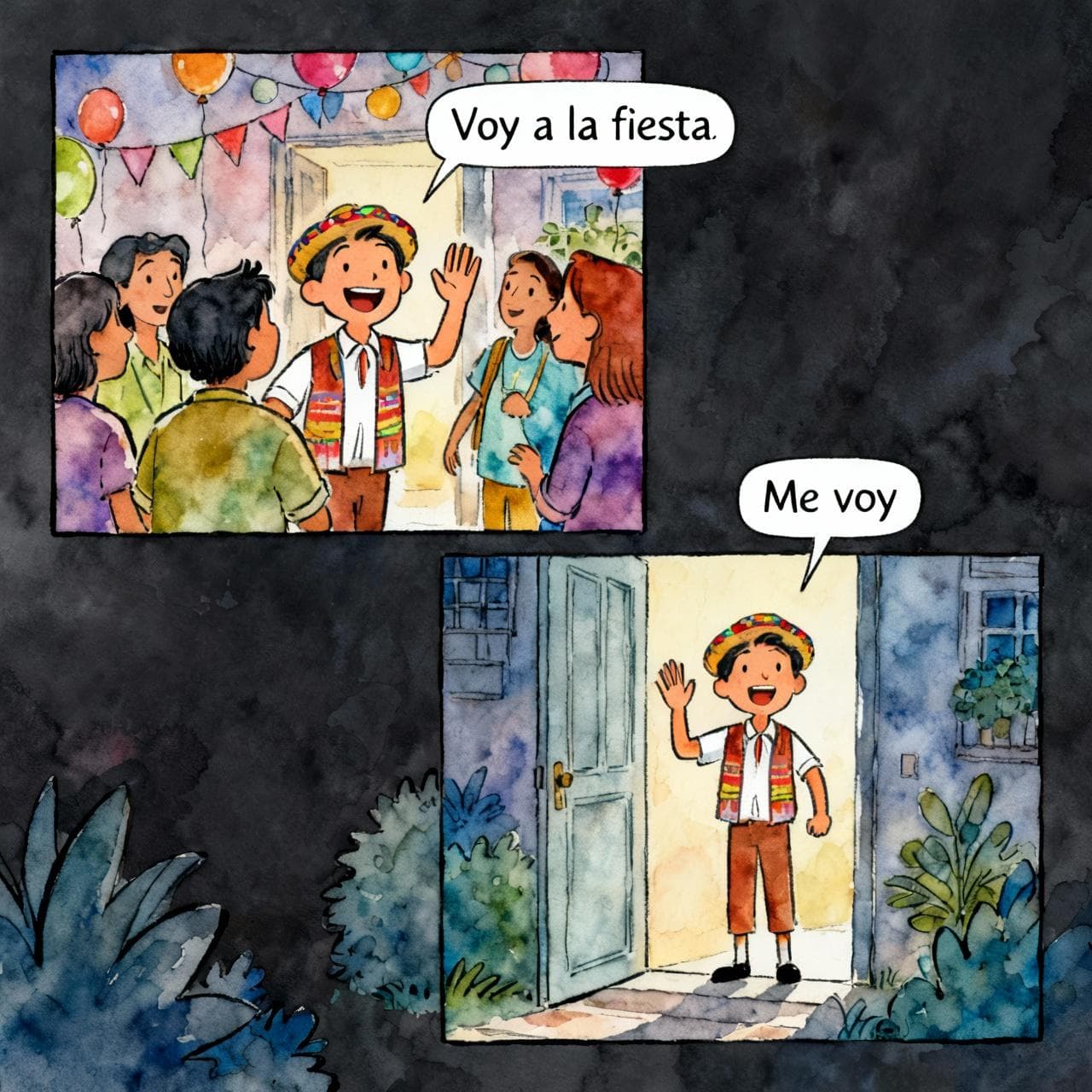 A simple two-panel comic. Panel 1 shows a friendly character arriving at a party, waving hello to friends, with the label "Voy a la fiesta." Panel 2 shows the same character at the door waving goodbye, with the label "Me voy." Ink and watercolor style with a soft, vibrant palette and a dark background.