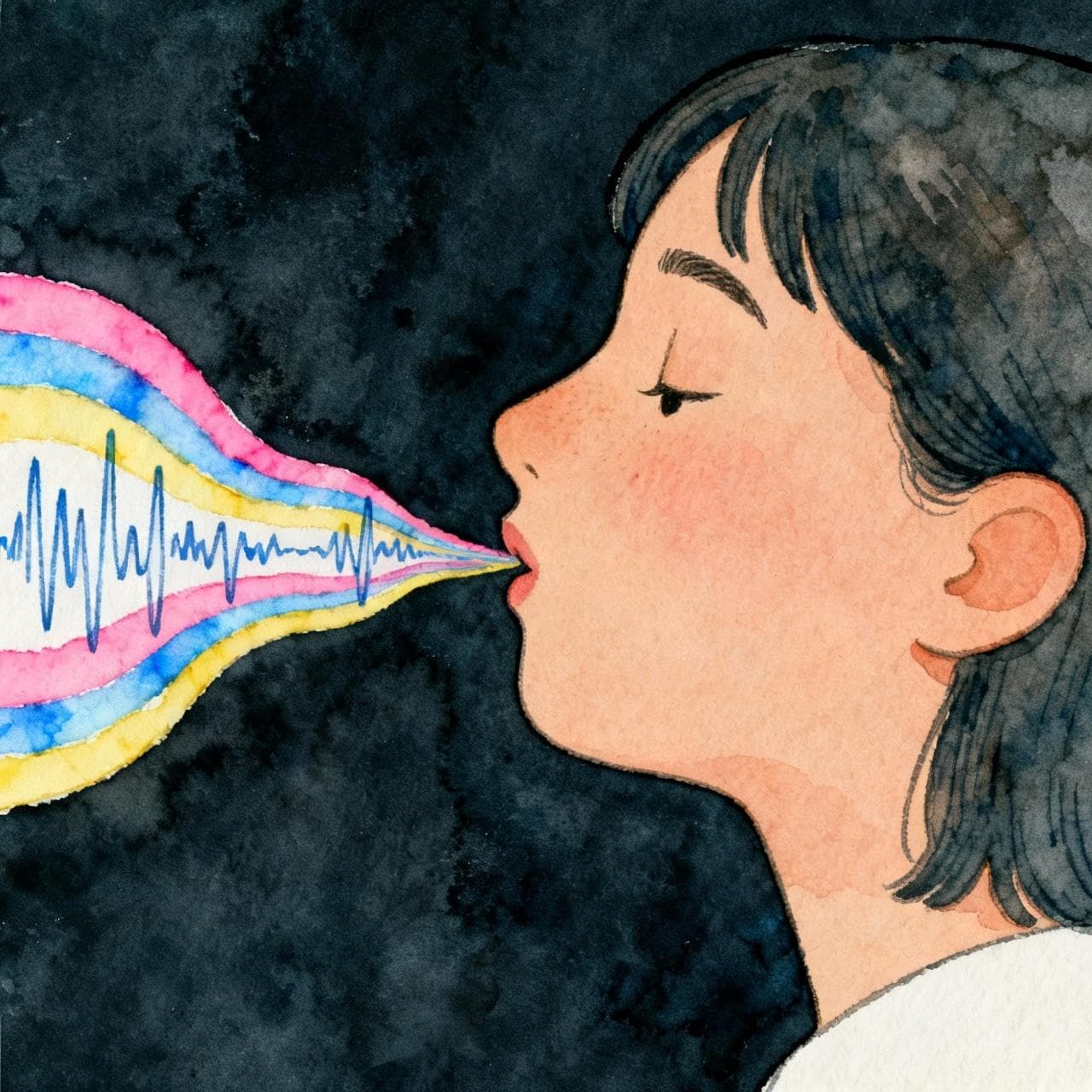 A stylized profile of a person learning Spanish, with a vibrant, trilling soundwave illustrated as a ribbon of color coming from their mouth. Charming ink and watercolor painting, clean lines, soft color palette, storybook style, dark background.