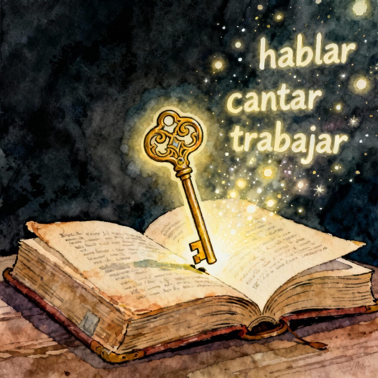 A glowing, ornate master key unlocking an old book. From the book's pages, Spanish words like "hablar", "cantar", and "trabajar" float out like magical light particles. Charming ink and watercolor painting, clean lines, vibrant but soft color palette, storybook style, dark background.