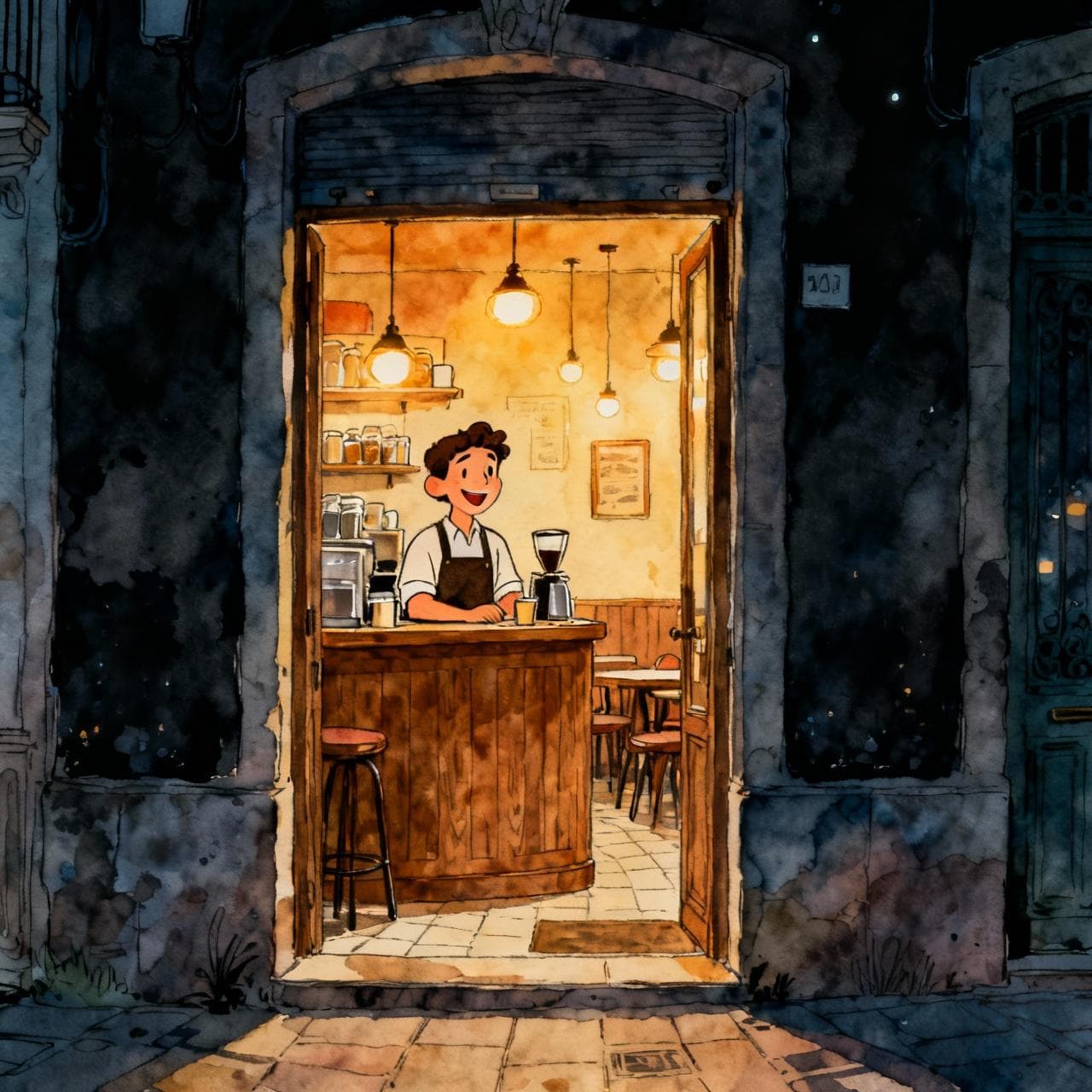 A cozy Spanish café at night, viewed from the entrance. A friendly barista with a warm smile is behind a wooden counter. The café is warmly lit. Charming ink and watercolor painting, clean lines, vibrant but soft color palette, storybook style, dark background.