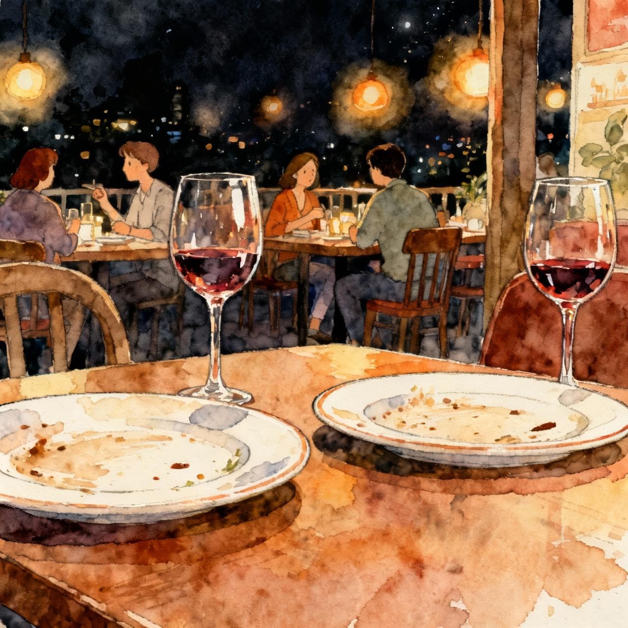 A cozy and warm restaurant scene at night, viewed from the table. The table has two empty plates and wine glasses, suggesting a finished, enjoyable meal. The focus is on the warm, ambient light and the feeling of satisfaction. Ink and watercolor storybook style, vibrant but soft colors, dark background.