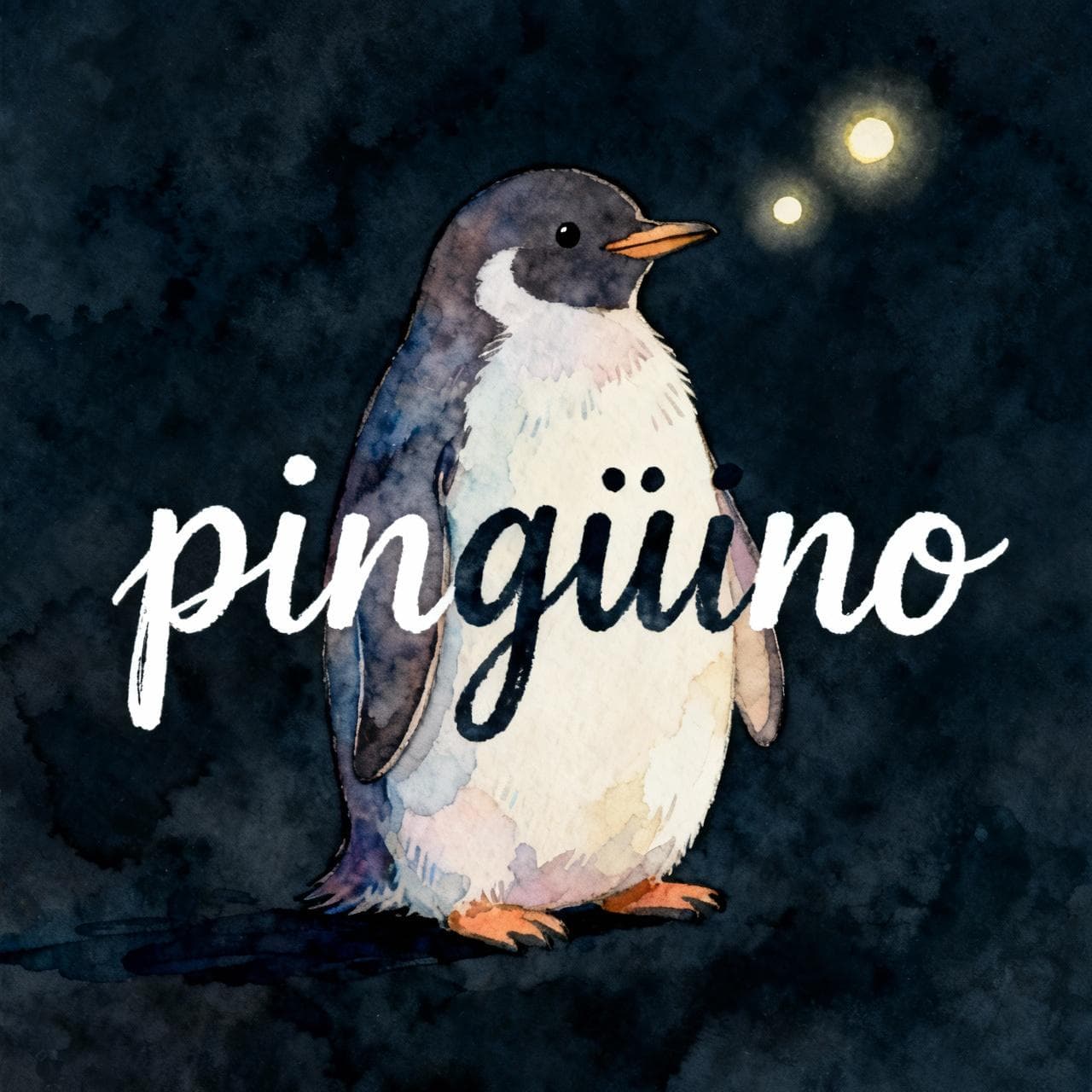 A simple, charming illustration of a single penguin. Two small, glowing dots (a dieresis) are floating above the 'u' in the word 'pingüino' written whimsically beside it. Charming ink and watercolor painting, clean lines, vibrant but soft color palette, storybook style. dark background.