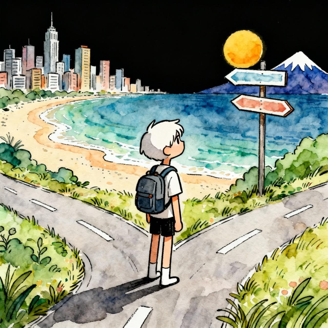 A stylized character with a backpack stands at a fork in the road, looking thoughtfully at signs pointing towards a city skyline, a sunny beach, and a mountain range. The art style is a charming ink and watercolor painting with clean lines, a vibrant but soft color palette, and a dark background.