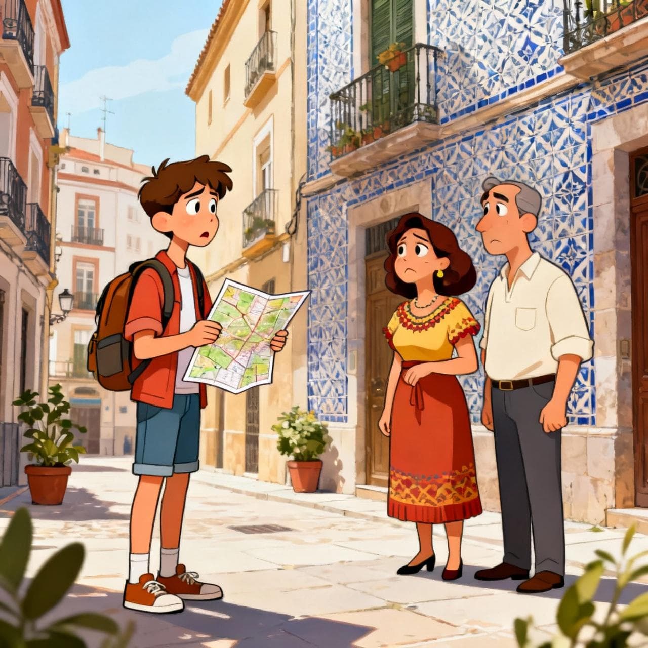 A digital illustration of a young tourist in Madrid looking puzzled and holding a map. Across from him, a Spanish host family, a mother and father, have expressions of awkward confusion. The scene is bright and clean with a vibrant but soft color palette.