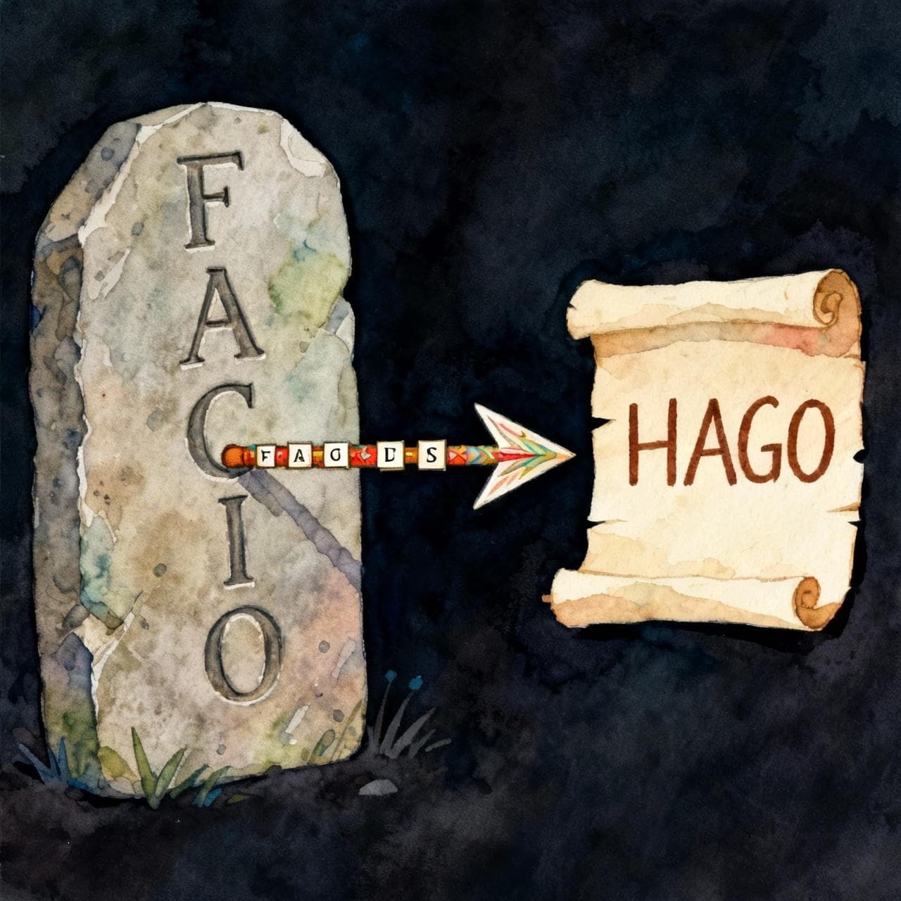 A simple visual timeline. On the left, a stone tablet with the Latin word 'FACIO' chiseled on it. An arrow points to the right, where a piece of parchment paper shows the Spanish word 'HAGO'. The arrow is decorated with small, evolving letter shapes. Charming ink and watercolor painting, clean lines, vibrant but soft color palette, storybook style, dark background.