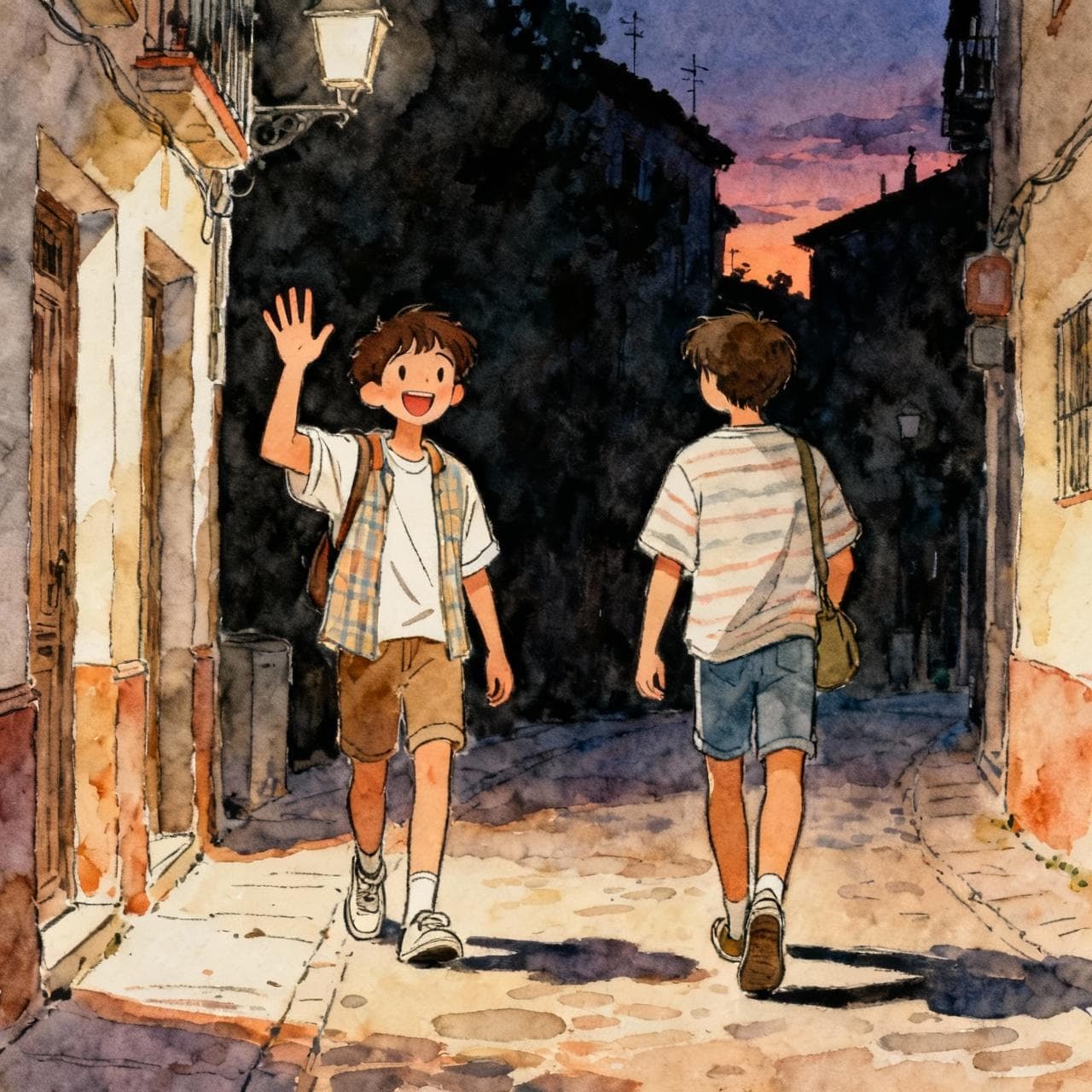 Two friends waving goodbye on a charming Spanish street at dusk. One friend is turning to walk away. The mood is friendly and light, not a sad farewell. Charming ink and watercolor painting, clean lines, vibrant but soft color palette, storybook style, dark background.