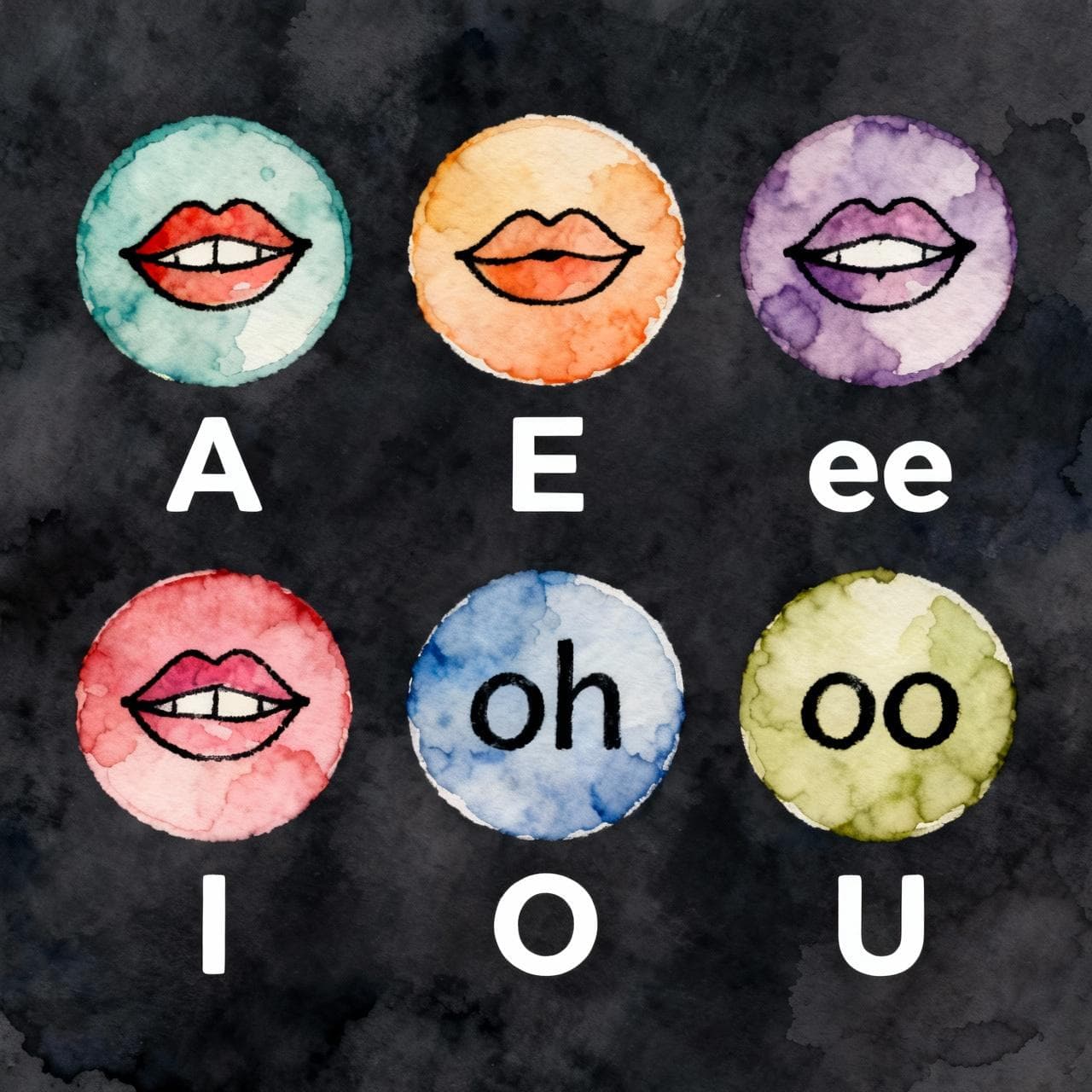 Five simple, stylized icons representing the pure Spanish vowel sounds: 'ah', 'eh', 'ee', 'oh', 'oo'. Each icon is a simple mouth shape inside a colorful circle, with the letters A, E, I, O, U clearly visible below each. Charming ink and watercolor painting, vibrant but soft colors, dark background.