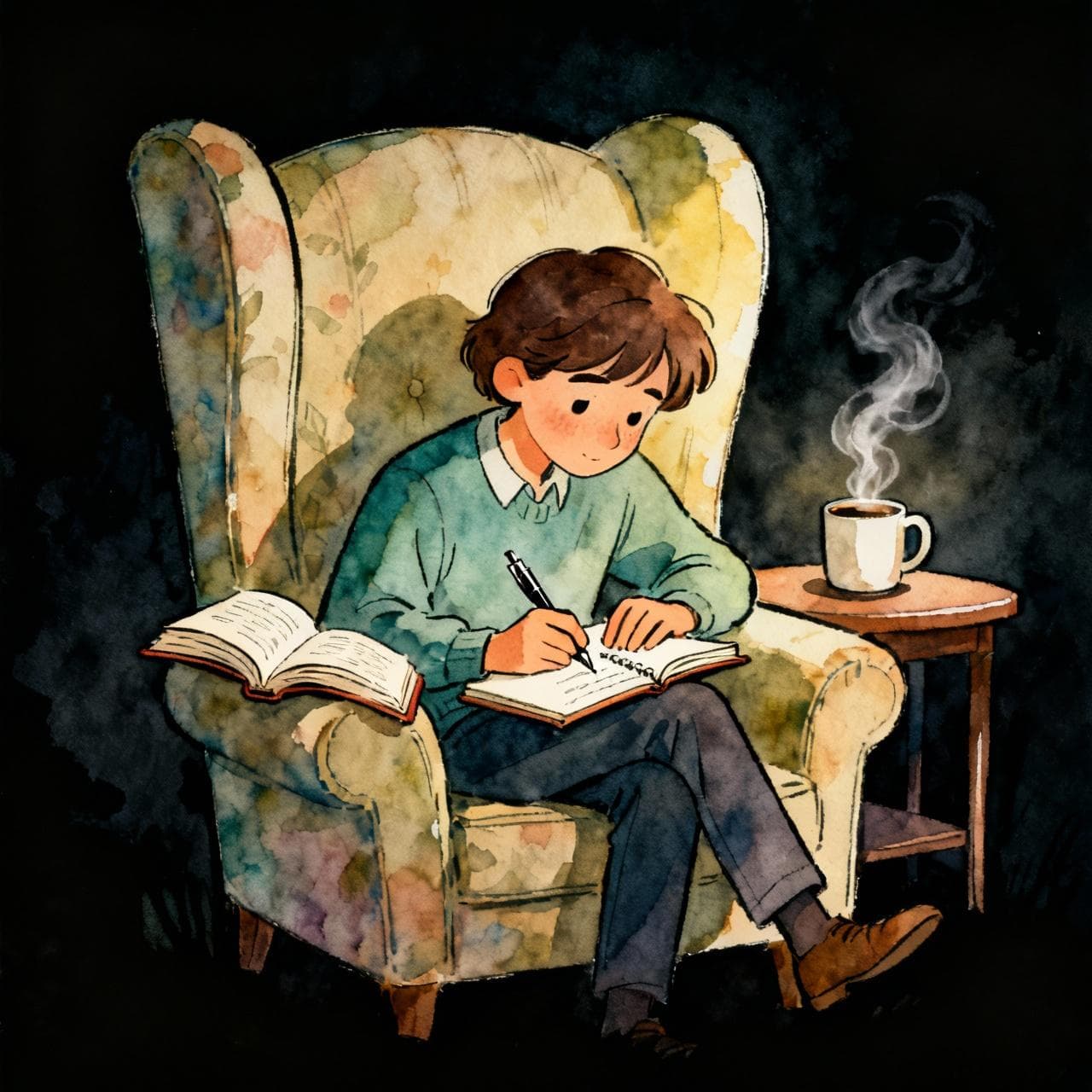 A person sitting comfortably in an armchair, focused on writing in a notebook with a fountain pen. Next to them on a small table is an open book and a steaming mug. The scene is cozy and softly lit. Dark background. Charming ink and watercolor painting, clean lines, vibrant but soft color palette, storybook style.