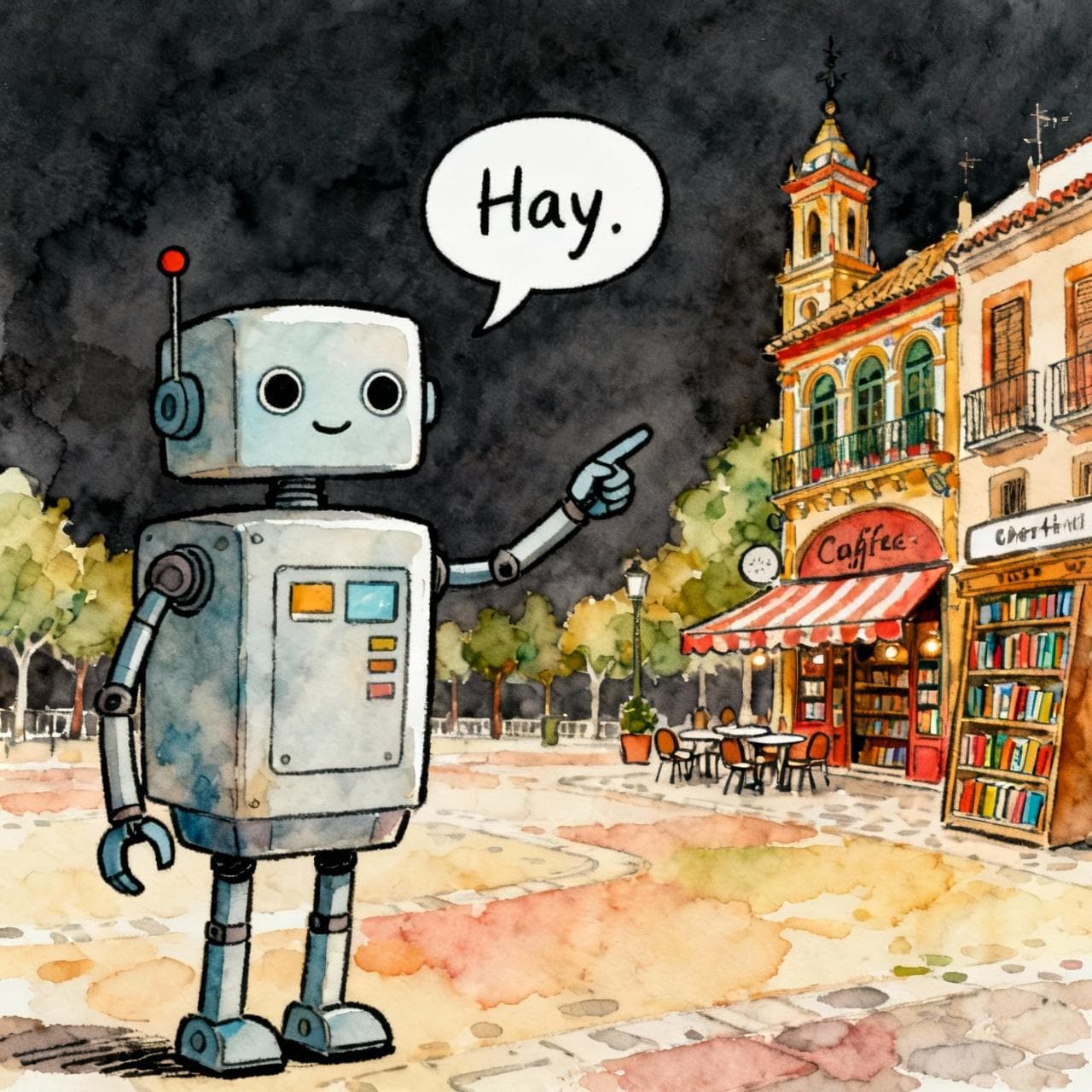 A friendly, helpful robot character pointing towards a vibrant Spanish town square with a cafe and a bookstore. The word 'Hay' is floating in a simple speech bubble above the robot. Charming ink and watercolor painting, clean lines, vibrant but soft color palette, storybook style, dark background.