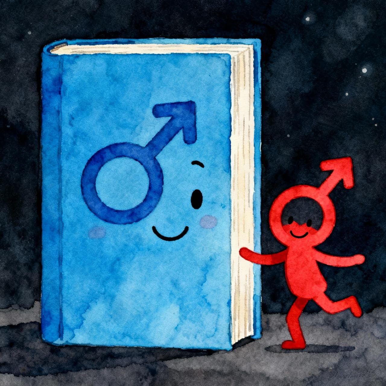 A stylized, smiling blue book with the masculine symbol leading a smiling red adjective with the masculine symbol in a simple dance. Charming ink and watercolor painting, clean lines, vibrant but soft color palette, storybook style, dark background.