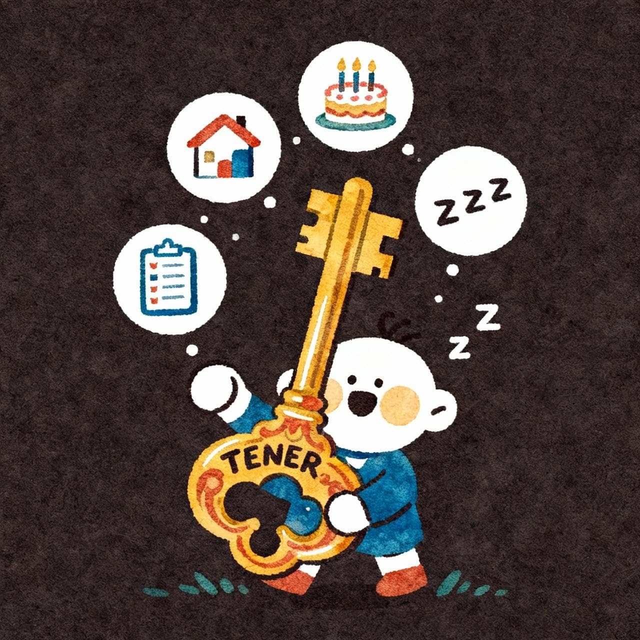 A friendly cartoon character holding a large, ornate key with the word "TENER" on it. Floating around the key are simple icons: a small house, a birthday cake with candles, a checklist, and a sleepy "Zzz" symbol. Charming ink and watercolor painting, clean lines, vibrant but soft color palette, storybook style. Dark background.