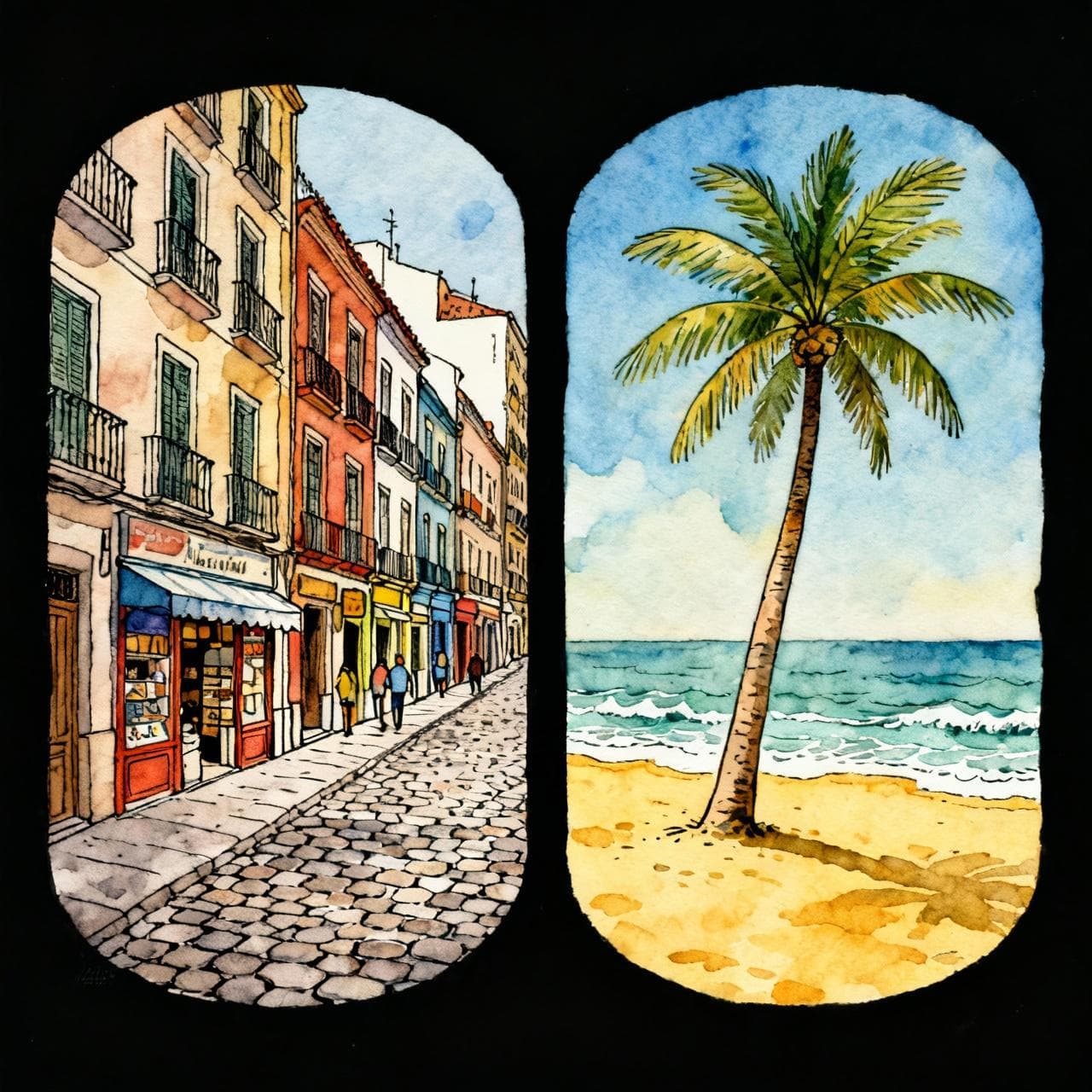 A split-screen illustration. On the left, a charming European city street in Spain with cobblestones. On the right, a sunny tropical beach in Latin America with a single palm tree. Ink and watercolor storybook style, vibrant soft colors, dark background.
