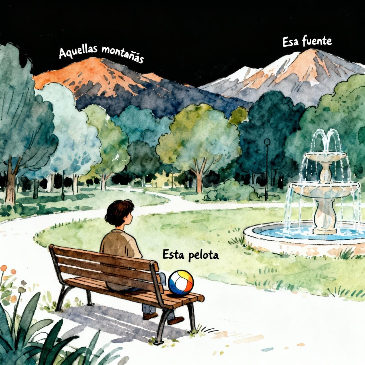 A serene park scene. A person sits on a bench. Close to them on the bench is a ball labeled 'Esta pelota'. A bit further away is a fountain labeled 'Esa fuente'. In the far distance are mountains labeled 'Aquellas montañas'. Charming ink and watercolor painting, clean lines, soft color palette, storybook style, dark background.