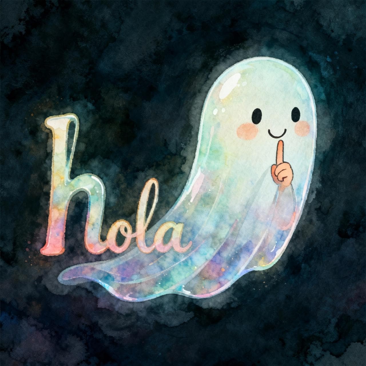 A friendly, translucent ghost in the shape of the lowercase letter 'h', with a gentle smile and a finger held up to its lips in a 'shushing' gesture. The ghost floats next to the Spanish word 'hola' written on a dark background. Ink and watercolor storybook style, vibrant but soft colors.