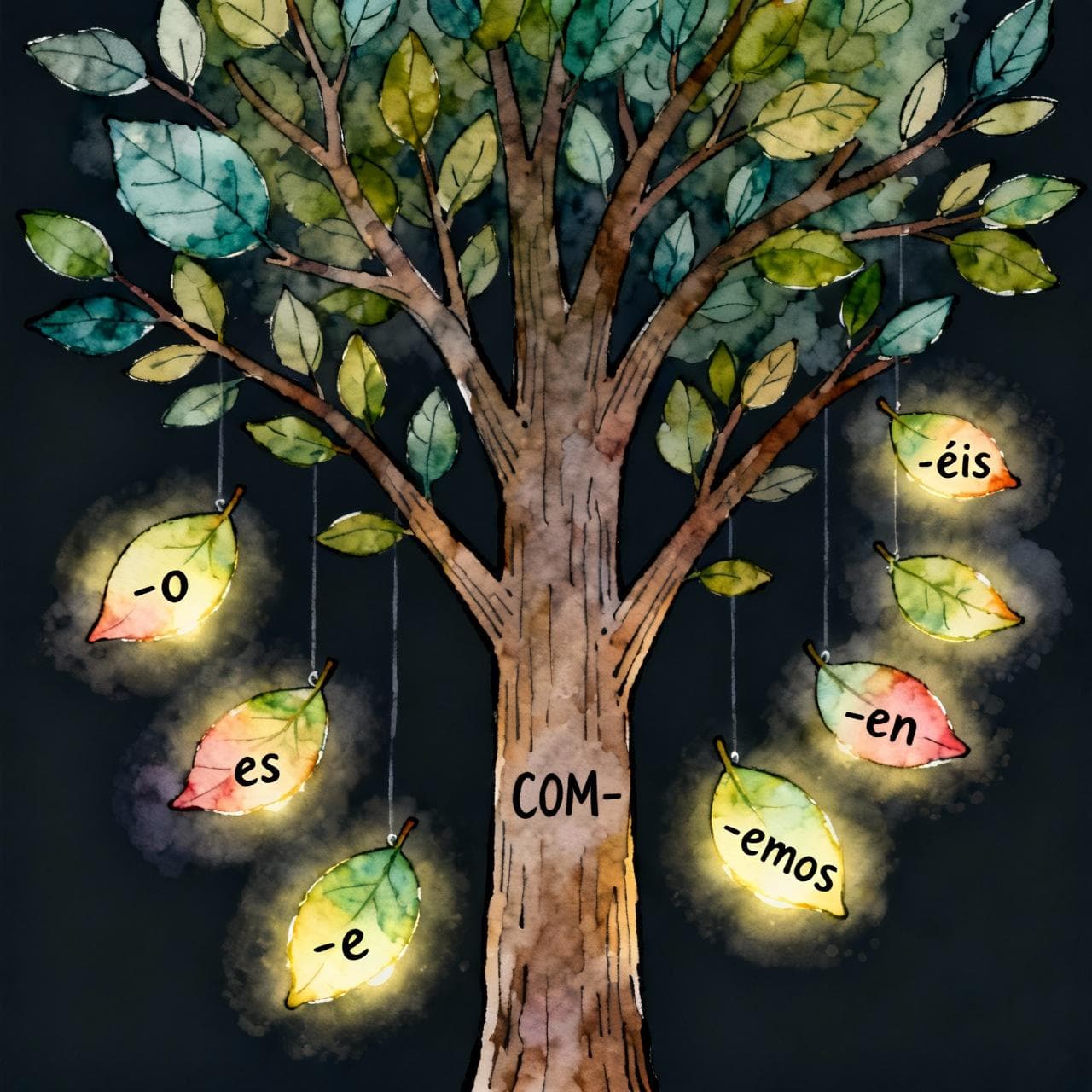 A whimsical depiction of the verb stem "COM-" as a tree trunk. Six glowing, watercolor leaves are floating down to attach to the branches, each leaf has a Spanish verb ending written on it: -o, -es, -e, -emos, -éis, -en. Dark background with a soft glow around the tree and leaves. Charming ink and watercolor painting, clean lines, vibrant but soft color palette.